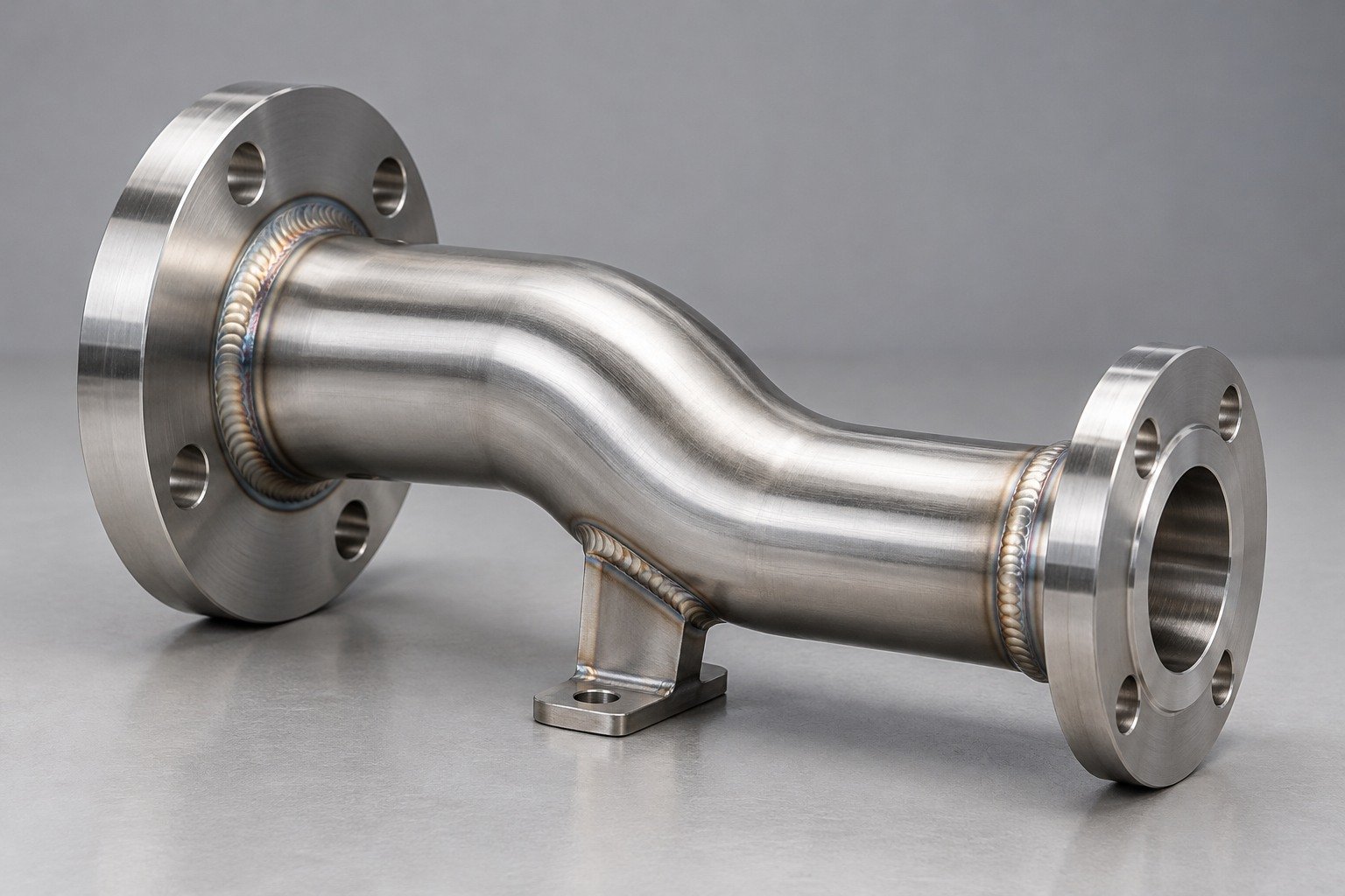 Welded offset stainless tube with unequal flanges and support tab — illustrative 316 stainless steel component concept