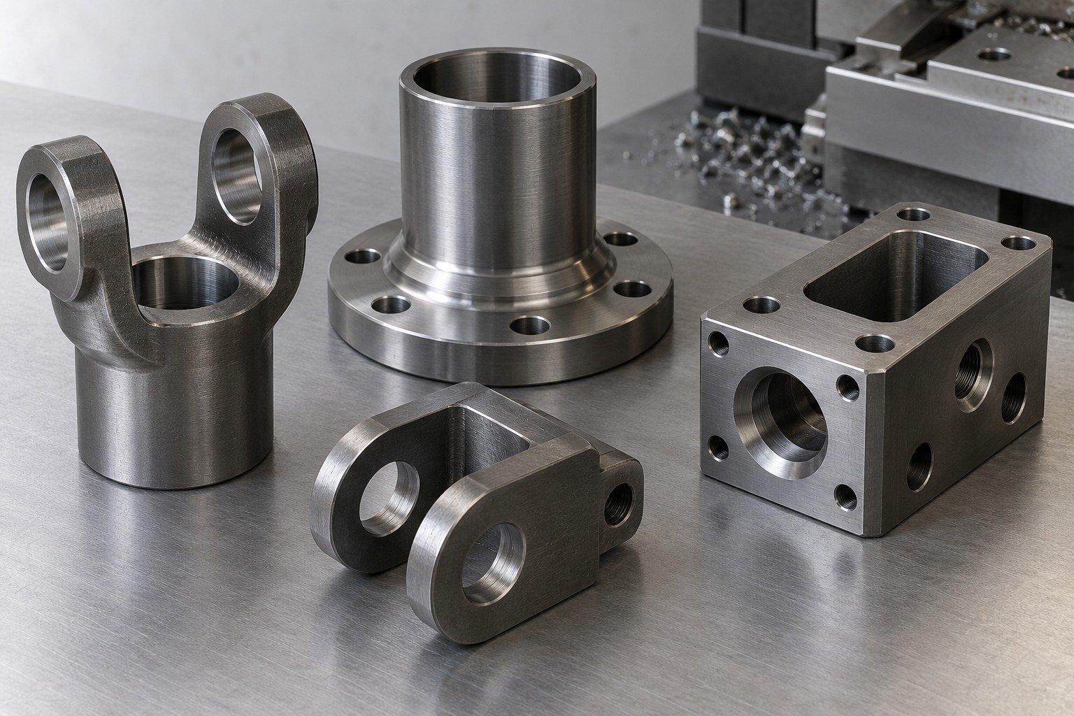 Chromoly steel tubular yoke, flanged connector, clevis and ported block — illustrative component concept