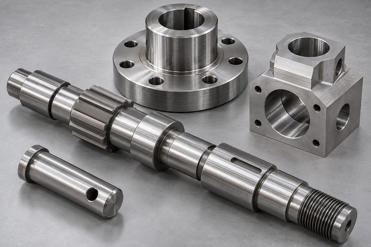 4140 steel stepped drive shaft, coupling hub, pivot pin and mounting block — illustrative component concept