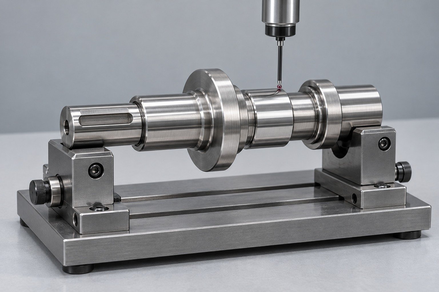 Keyed shaft with inspection probe at bearing journal — illustrative 416 stainless steel component concept
