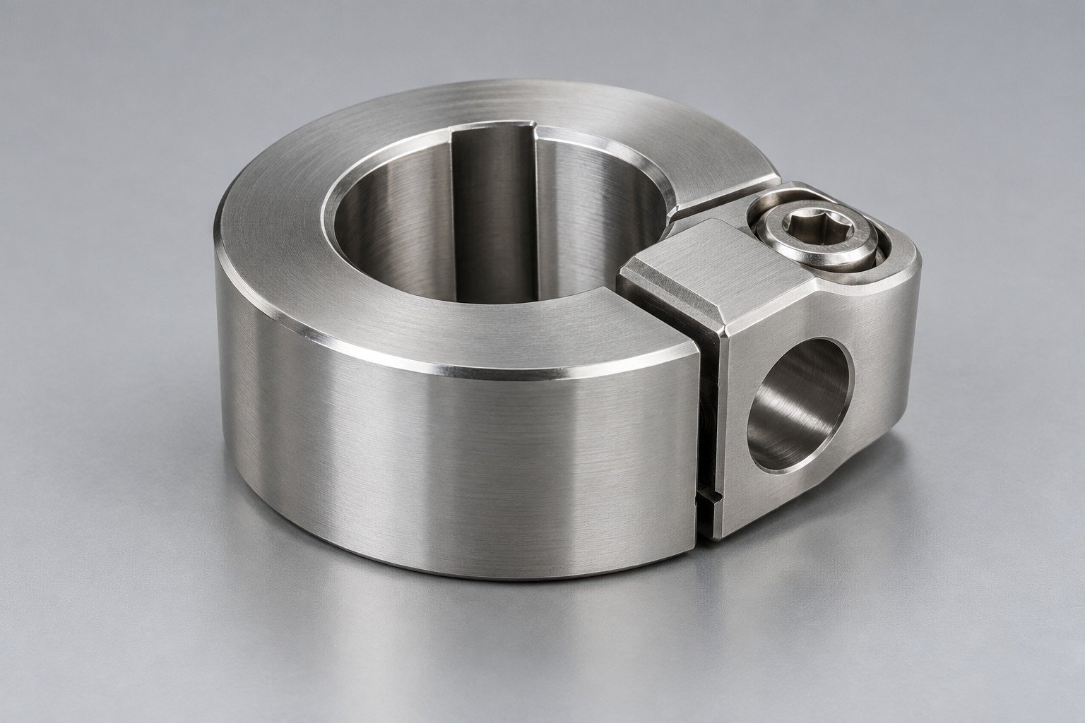 Eccentric stop collar with clamp boss and keyed bore — illustrative 416 stainless steel component concept