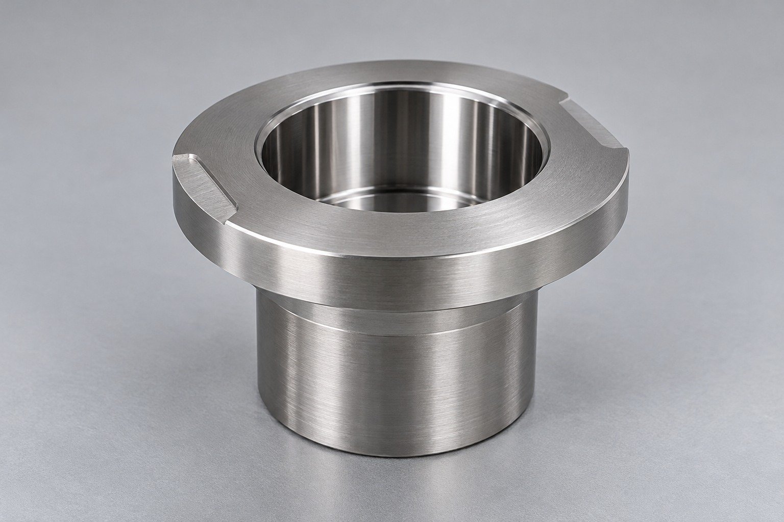 Satin stepped bushing with flange flats and finished bore — illustrative 416 stainless steel component concept