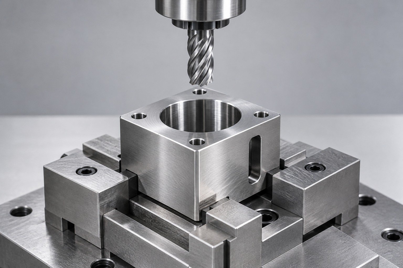 Slotted square mounting body clamped for CNC milling — illustrative 416 stainless steel component concept