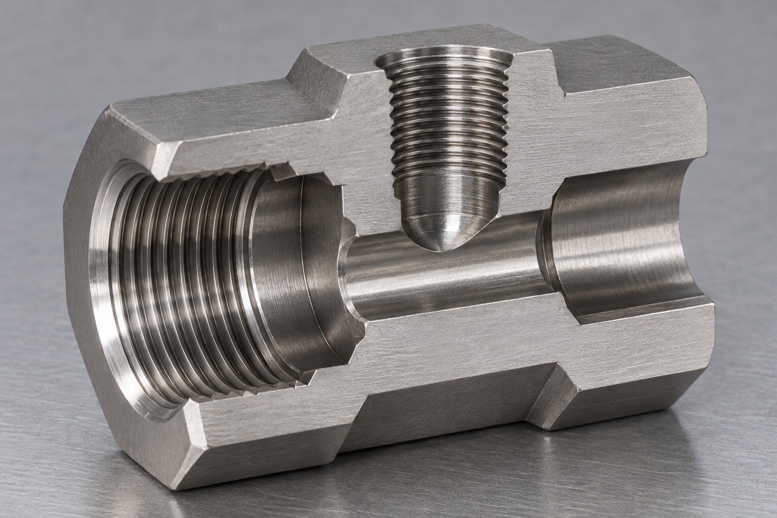 Expose the thread and intersecting burr route — illustrative 416 stainless steel technical component concept