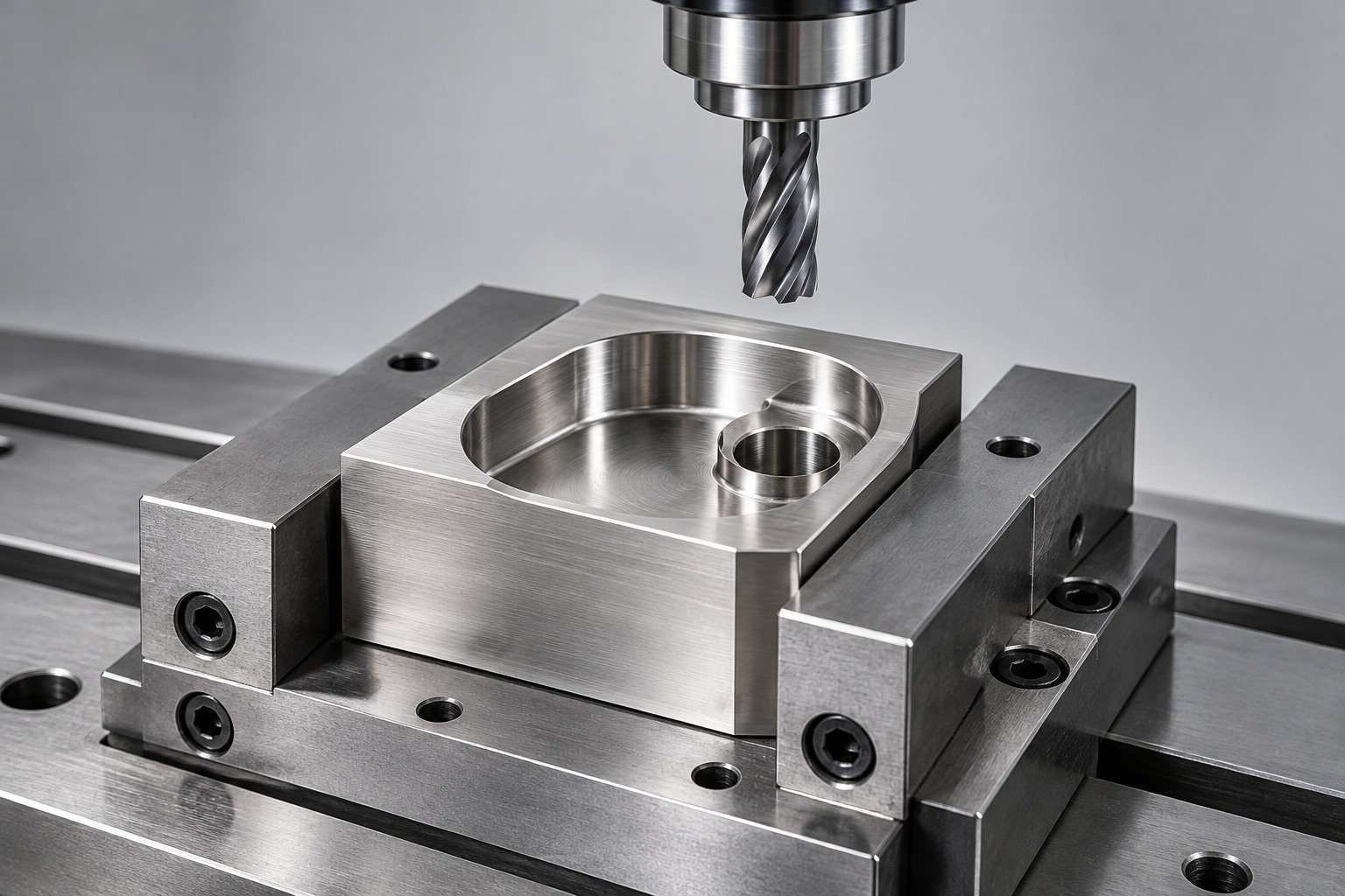 Indexing block with rounded pocket held for milling — illustrative 420 stainless steel component concept