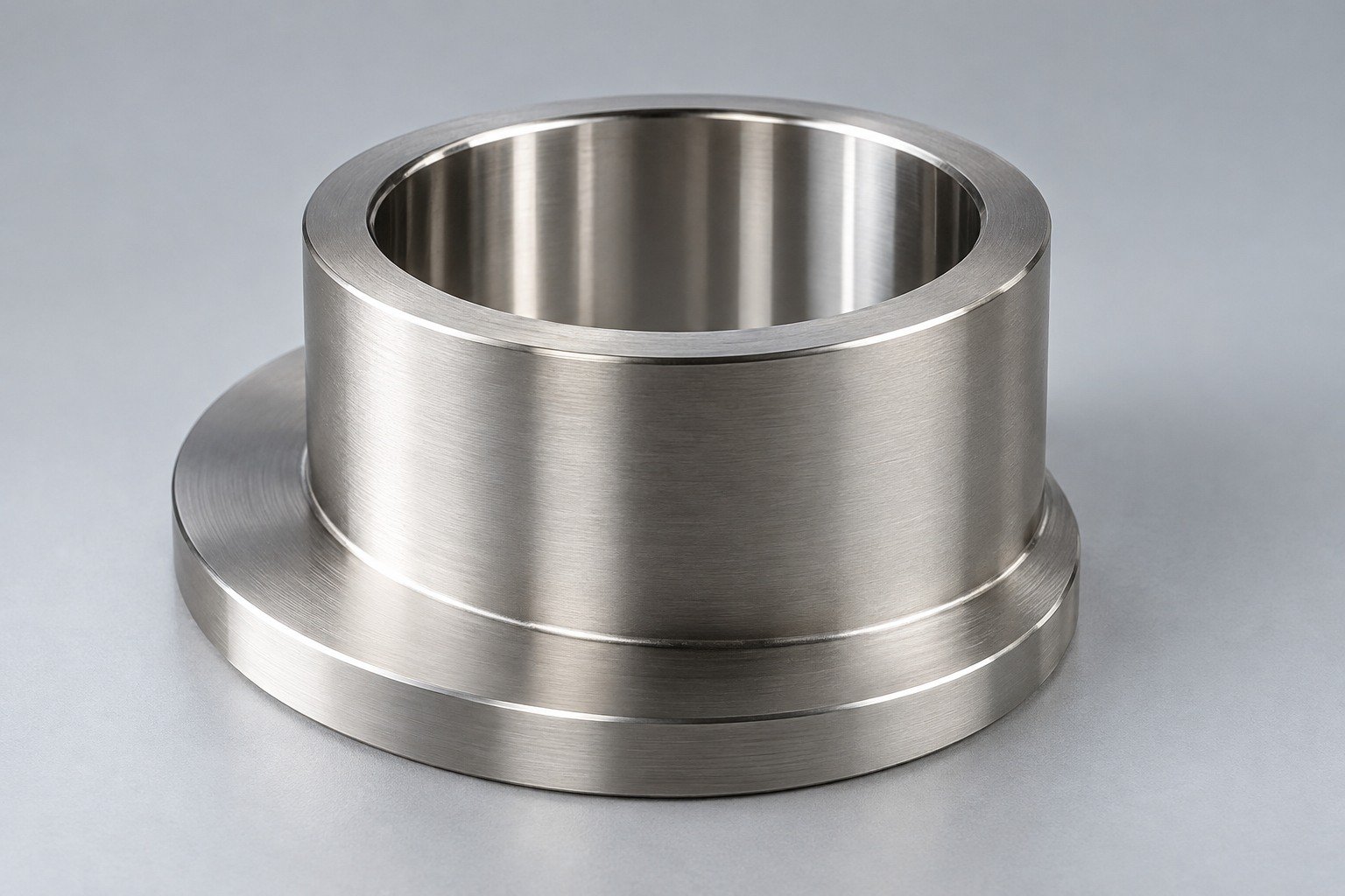 Satin guide bushing with finished bore and offset flange — illustrative 420 stainless steel component concept