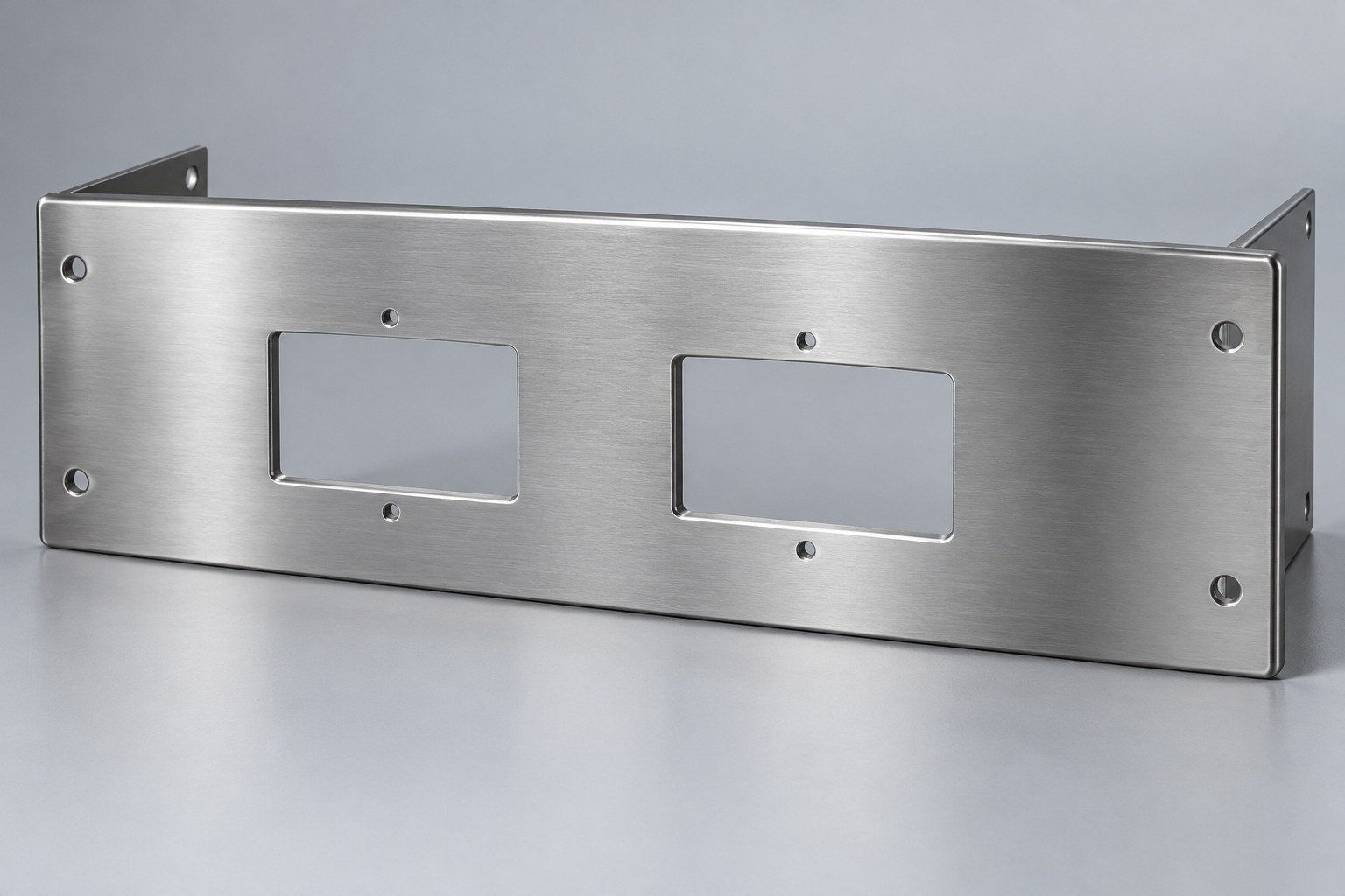 Brushed control fascia with return flanges and cutouts — illustrative 430 stainless steel component concept