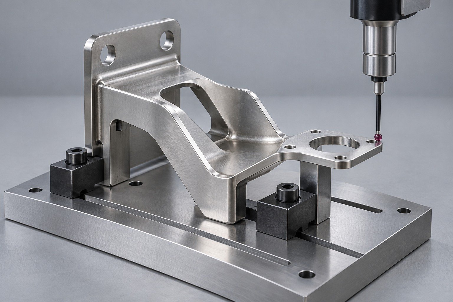 Equipment mounting bracket on inspection fixture — illustrative 430 stainless steel component concept