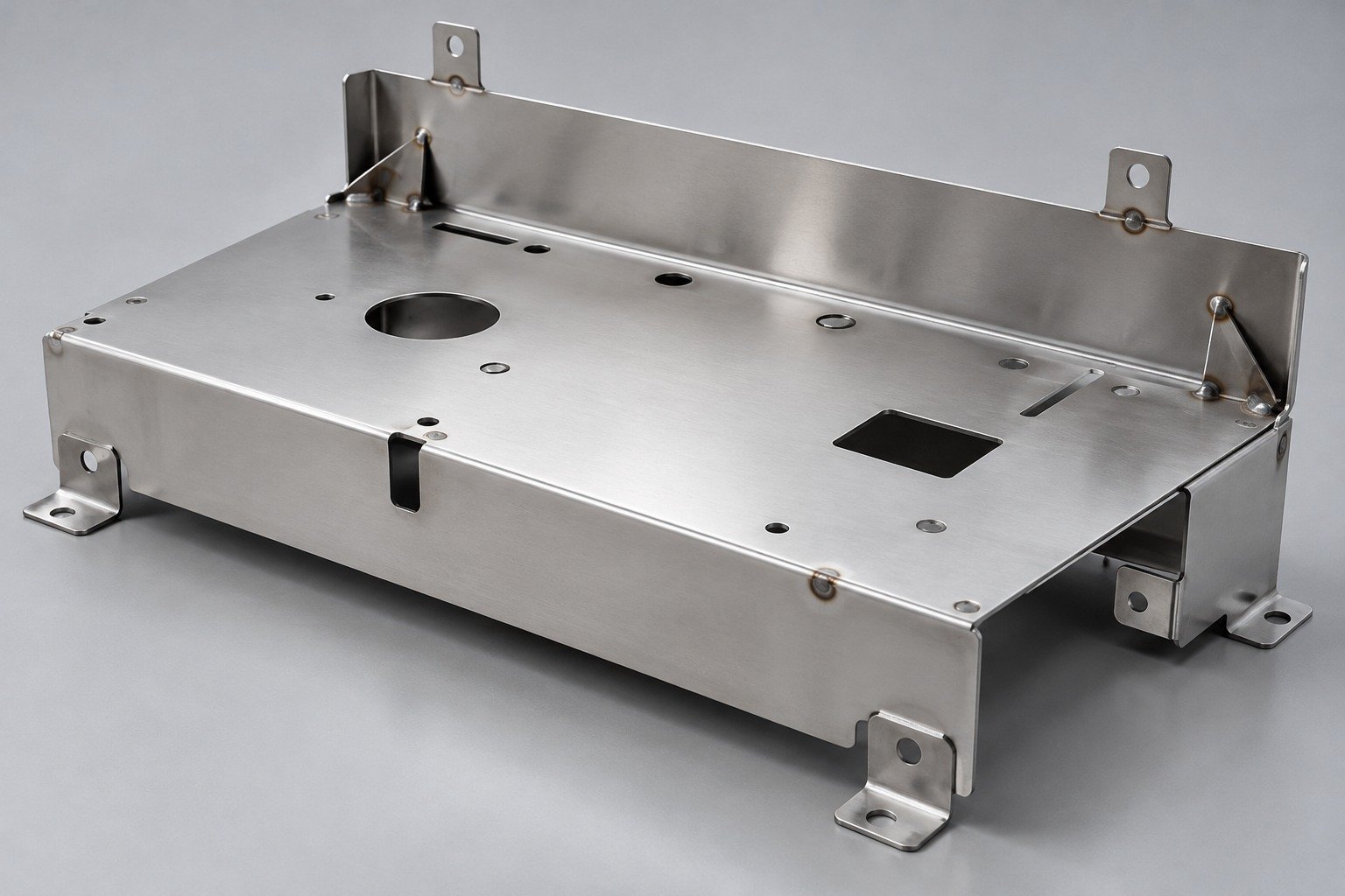 Folded panel with attached mounting tabs and visible spot-weld marks — illustrative 430 stainless steel component concept