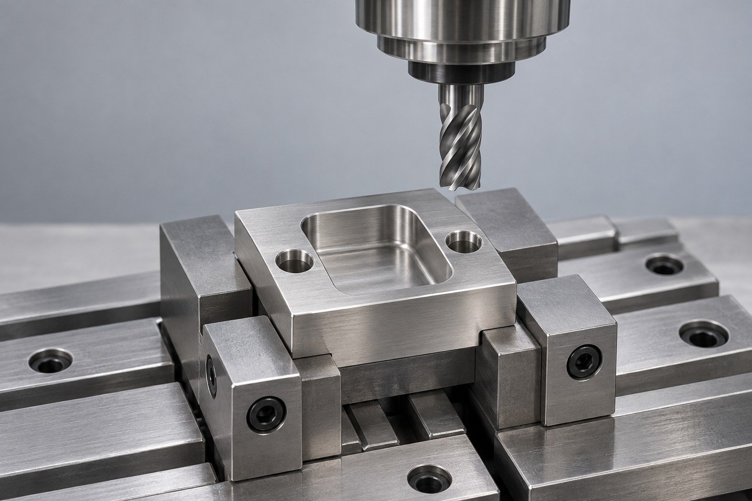 Sensor mounting block held for CNC milling — illustrative 430 stainless steel component concept