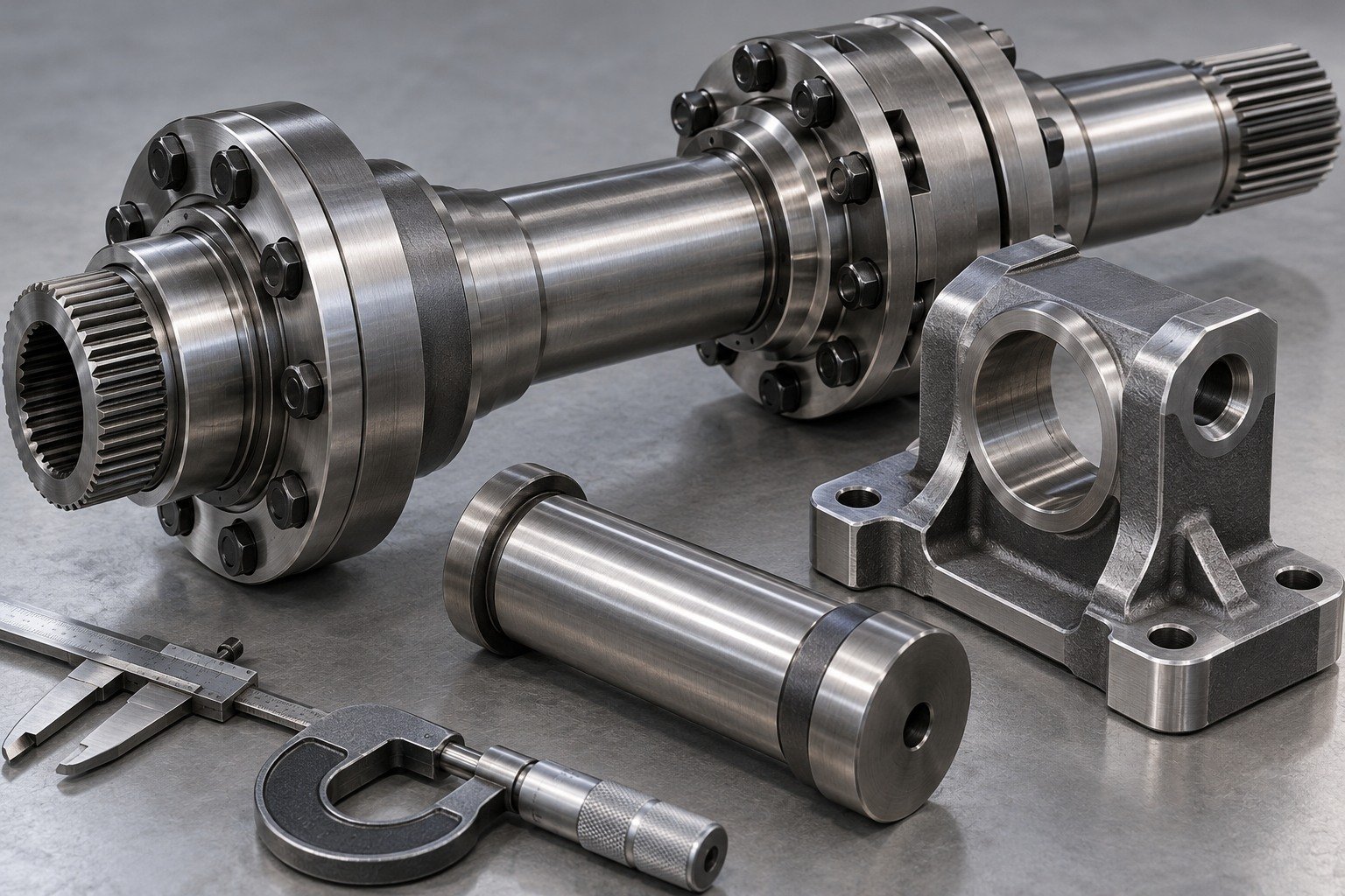4340 heavy drive axle, torque coupling, pivot pin and bearing carrier — illustrative component concept