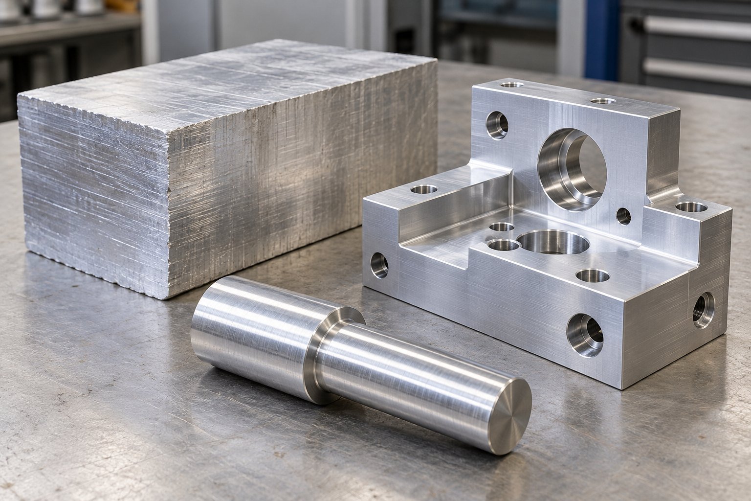 6061 aluminum stock and a machined stepped block — illustrative 6061 component/process concept