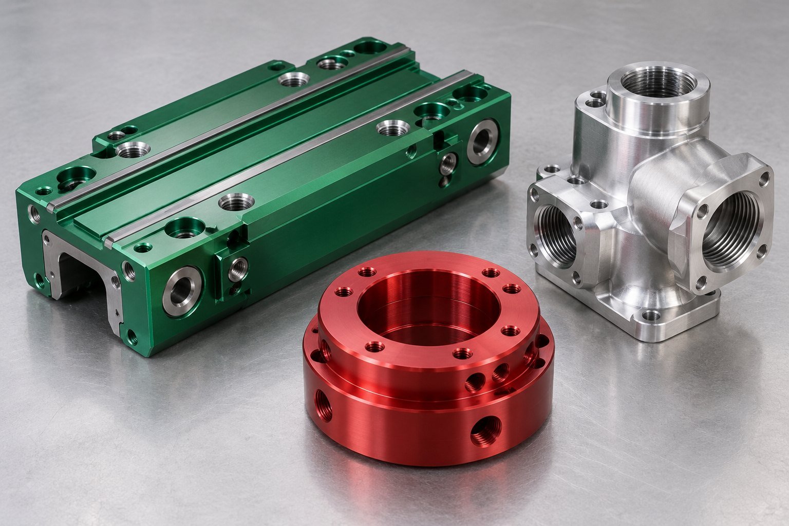 Illustrative 6061 aluminum green guide carriage, red coupling and machined manifold
