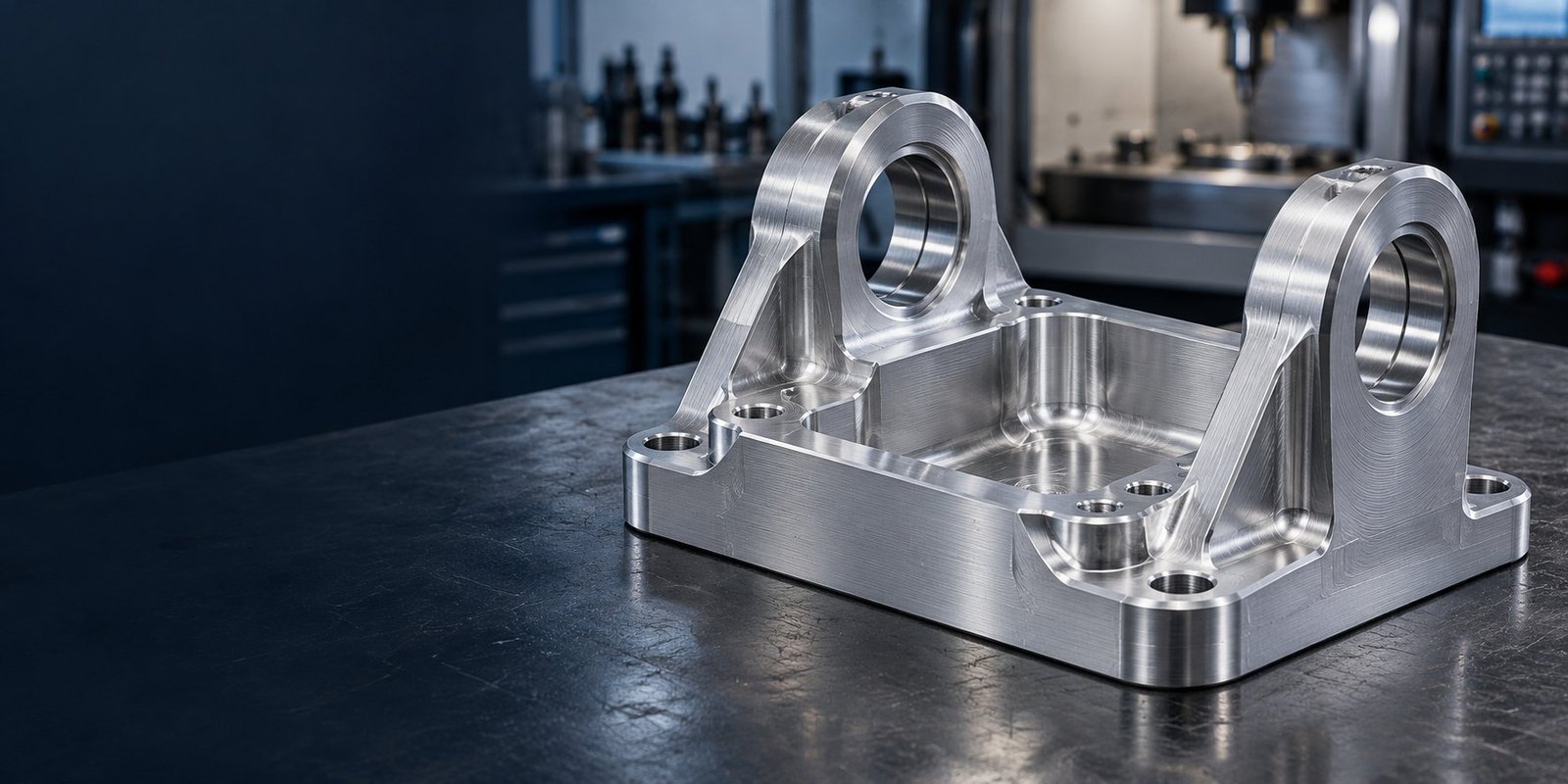 Silver machined clevis housing on a clean CNC workshop bench — illustrative 6061 component/process concept