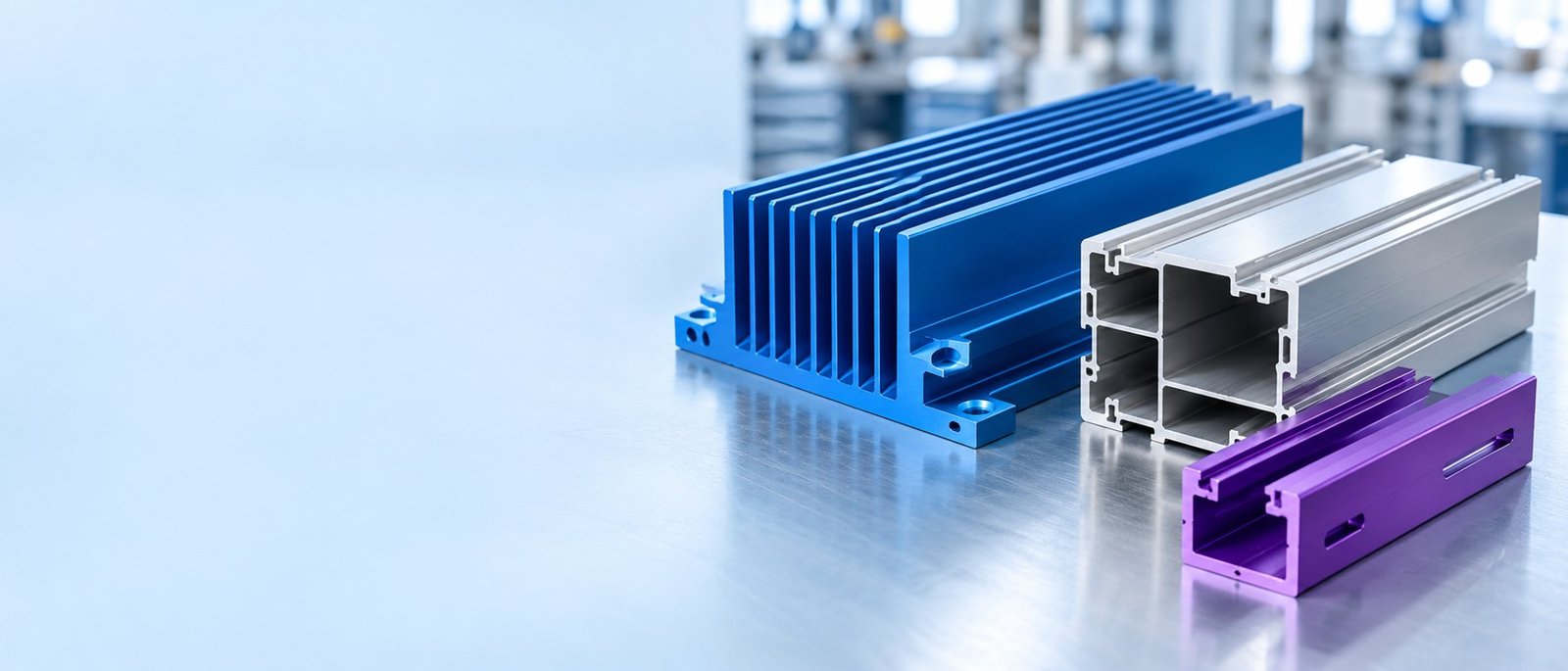 Blue finned heat sink, silver hollow housing and purple slotted channel — illustrative 6063 component concepts