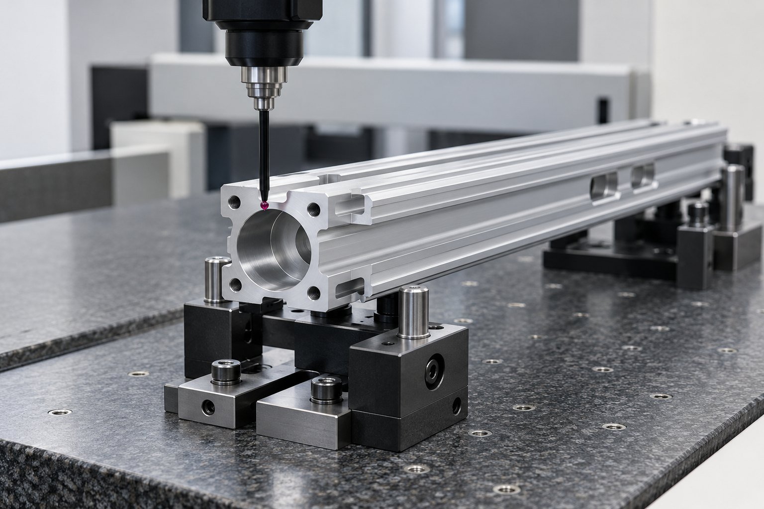 CMM probe and fixtured aluminum profile — illustrative inspection concept