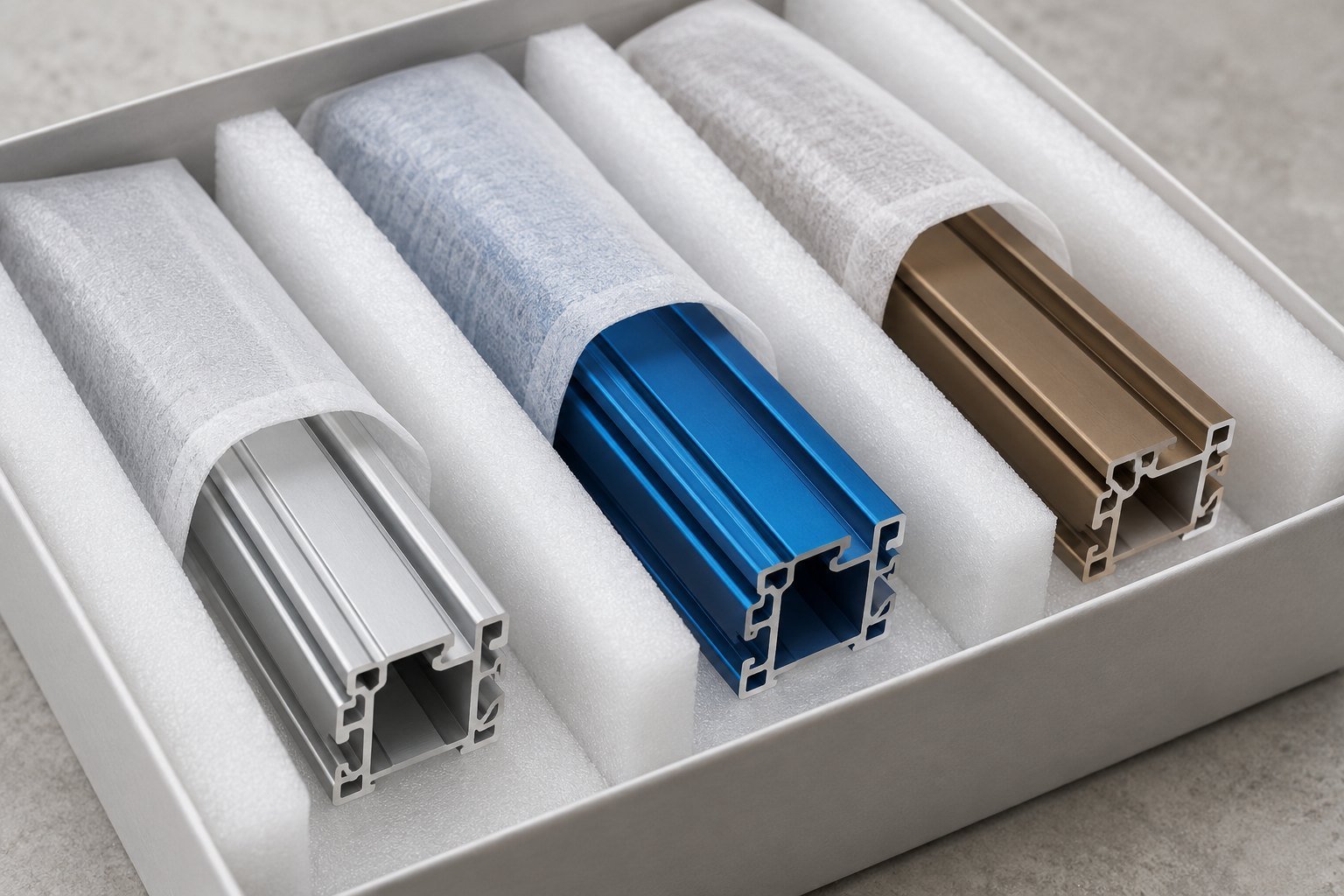 Individually protected finished aluminum profiles — illustrative packaging concept