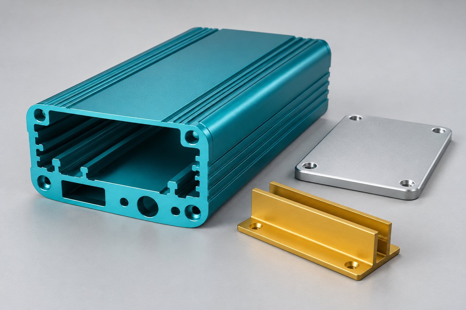 Illustrative 6063 aluminum teal extruded electronics shell, silver end plate and gold channel — illustrative concept