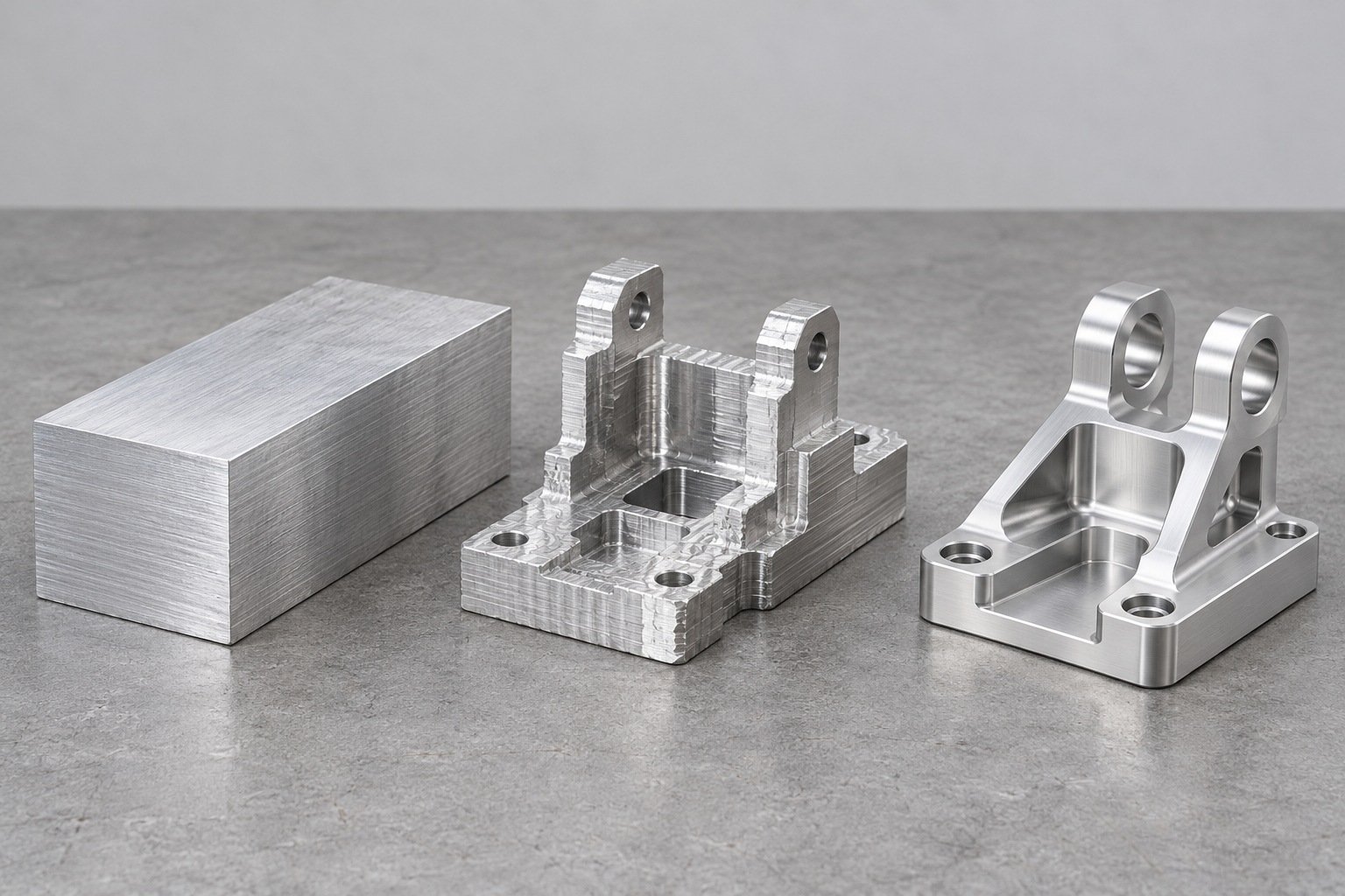 7075 billet and machining stages — illustrative concept