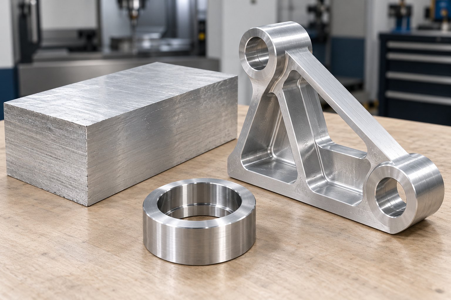 Illustrative 7075 aluminum stock forms and machined component