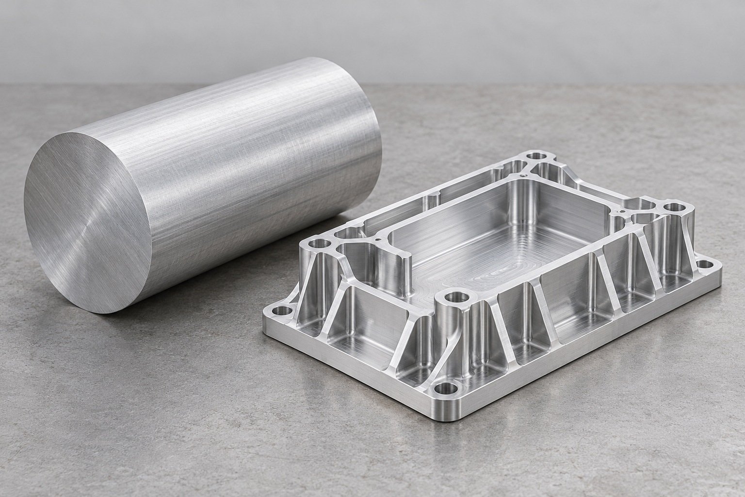 7075 billet and thin-wall pocketed mounting base — illustrative concept