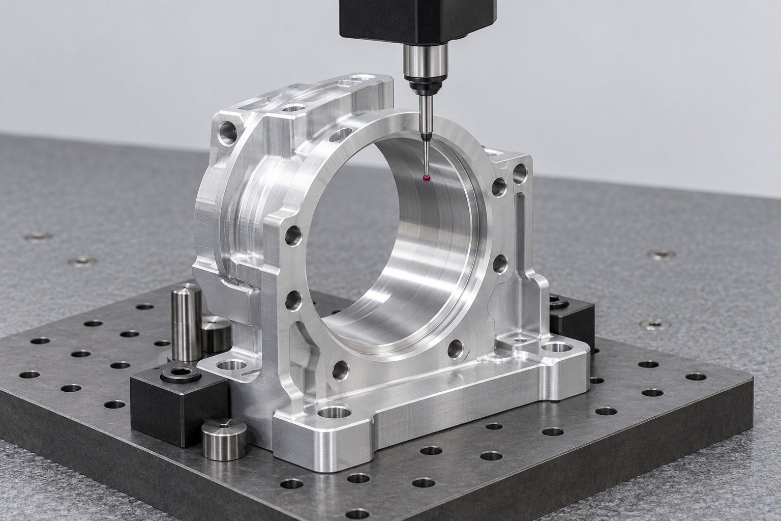 CMM stylus above 7075 housing bore — illustrative concept