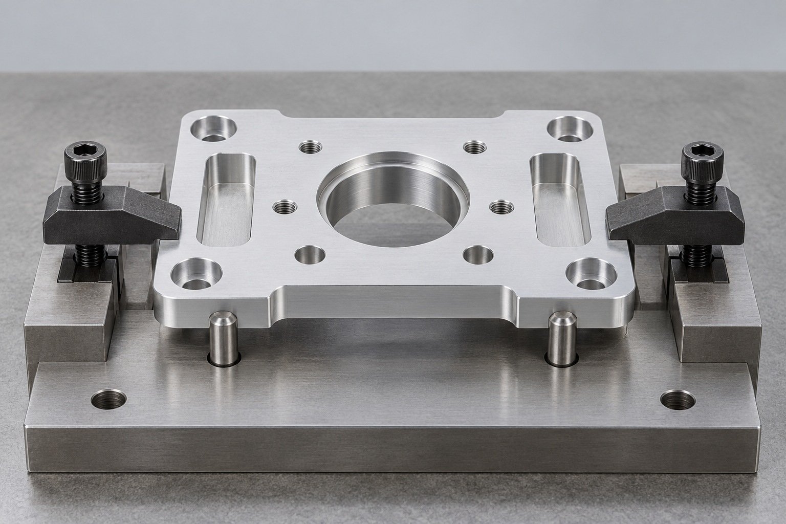 7075 machined plate located on fixture pins — illustrative concept