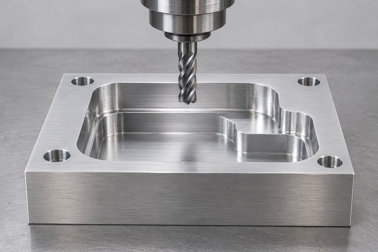 End mill access above an aluminum pocket — illustrative concept