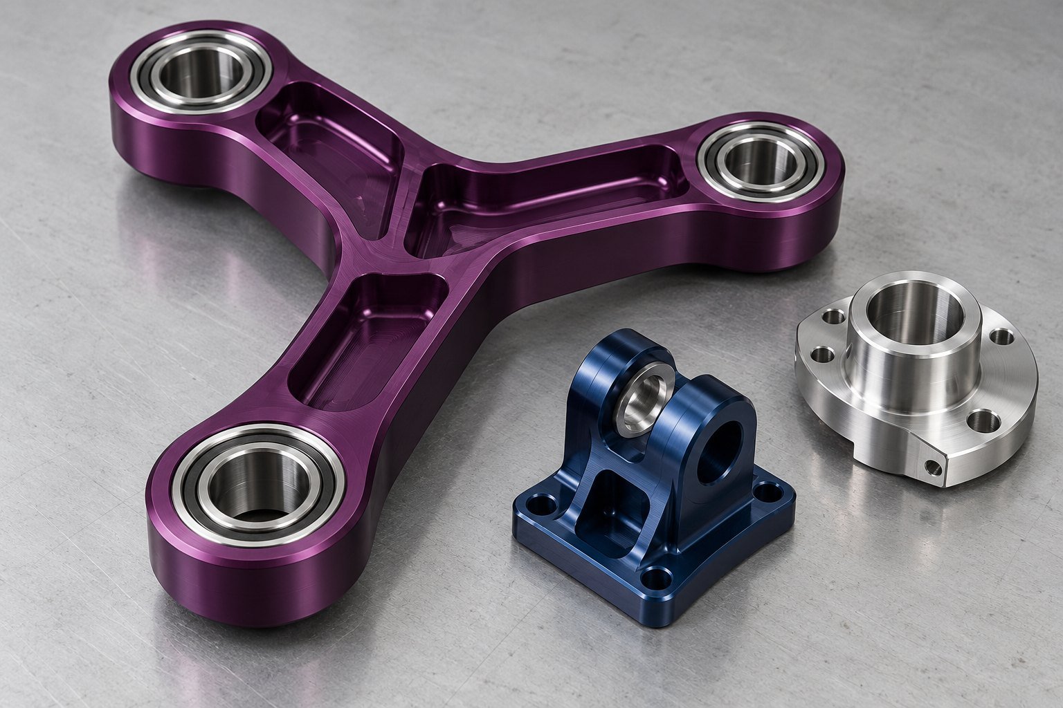 Illustrative 7075 aluminum purple linkage, navy mount and machined hub