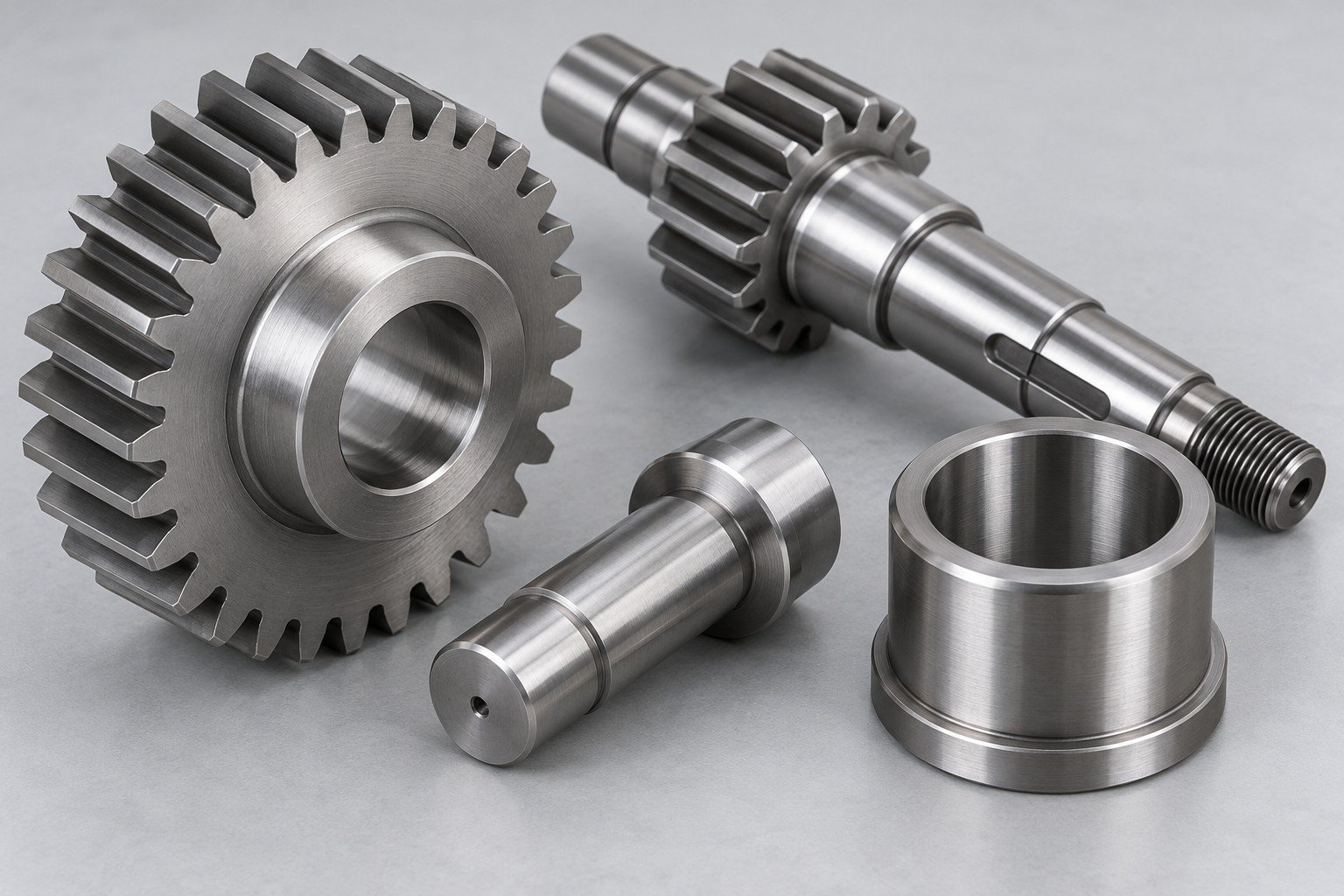 8620 gear, integral pinion shaft, bearing pin and flanged bushing — illustrative component concept