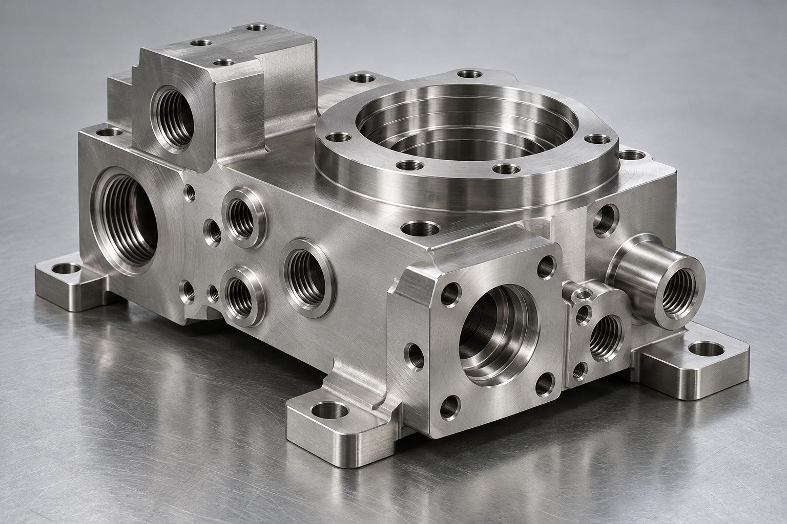 Asymmetric fluid manifold with stepped bore and side ports — illustrative specialty stainless steel component concept