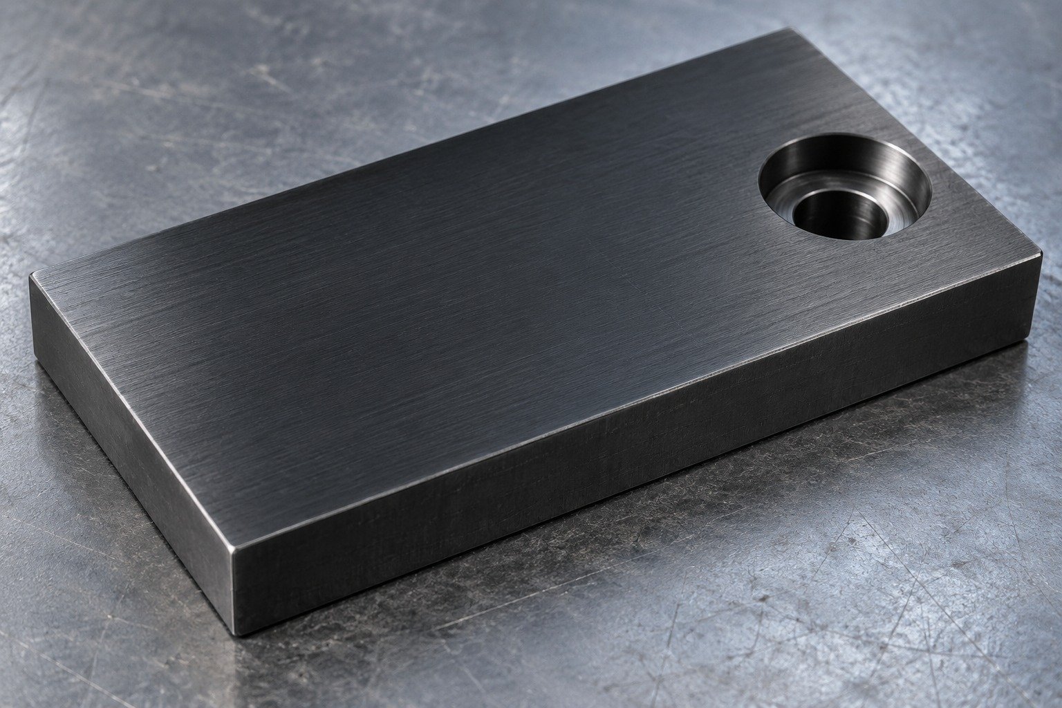 Macro view of one A2 tool steel coupon with matte black oxide finish, subtle underlying machining marks, a single counterbored hole near one corner. — illustrative component concept