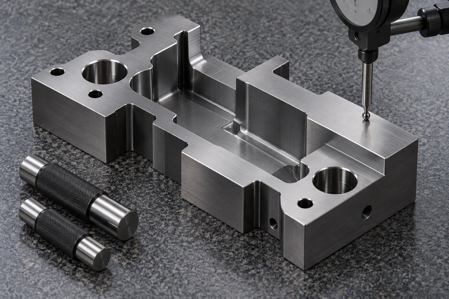 An asymmetric cold-work die insert on granite, dial indicator touching a broad ground datum pad, two plug gauges beside locating holes. No text or screen. — illustrative component concept