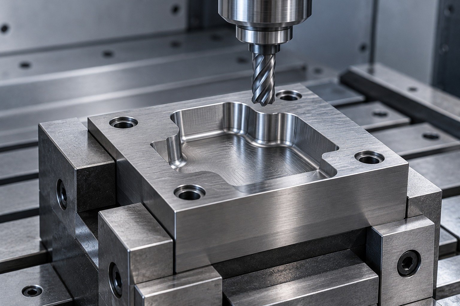 A compact blanking die insert secured in a CNC milling vise, carbide end mill above a radiused pocket, accessible cutter and realistic clearance. No sparks. — illustrative component concept