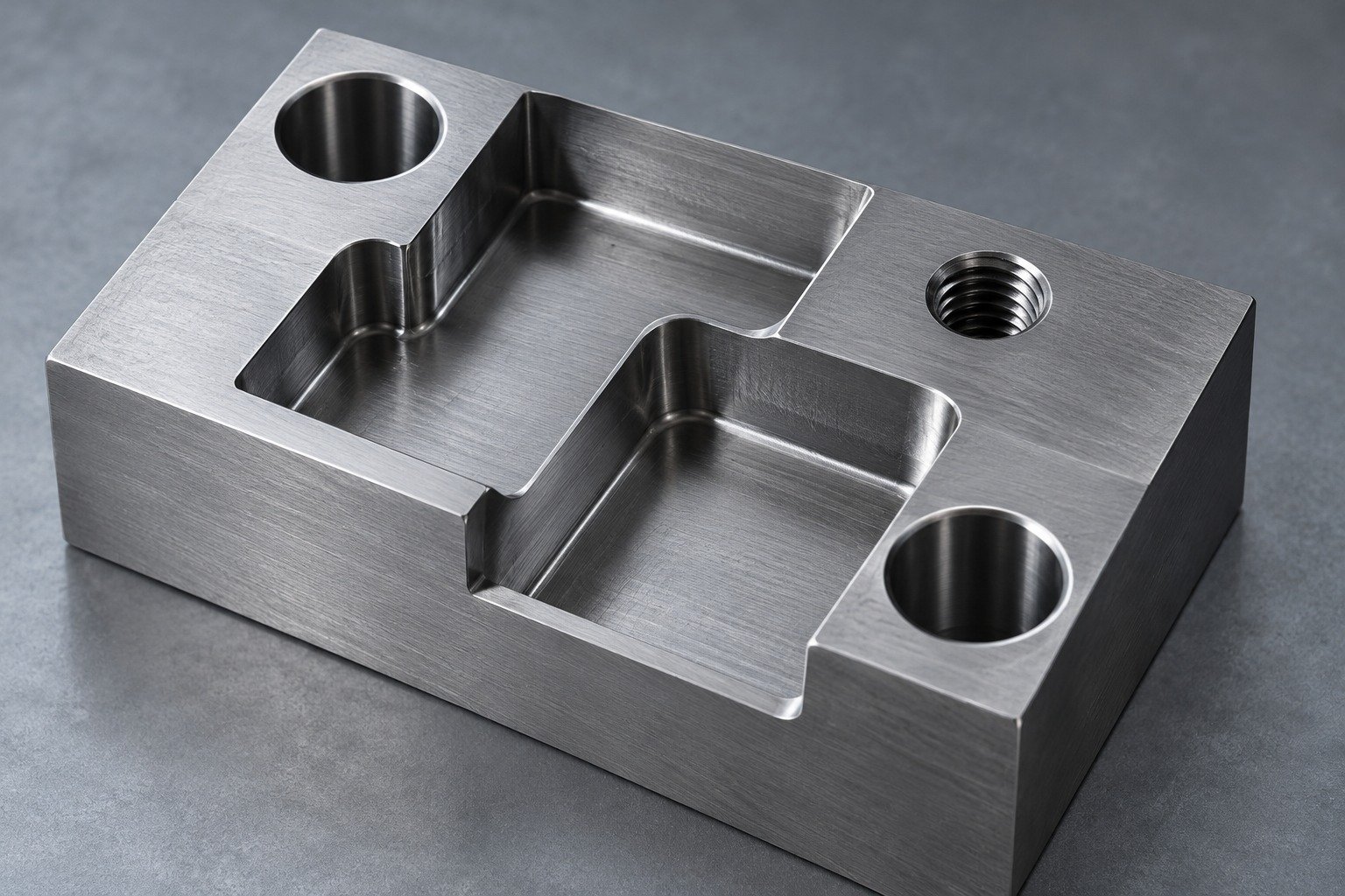 A compact die insert showing two dowel bores, one threaded mounting hole and an intersecting relief pocket, all open and visible in three-quarter view, plausible geometry. — illustrative component concept