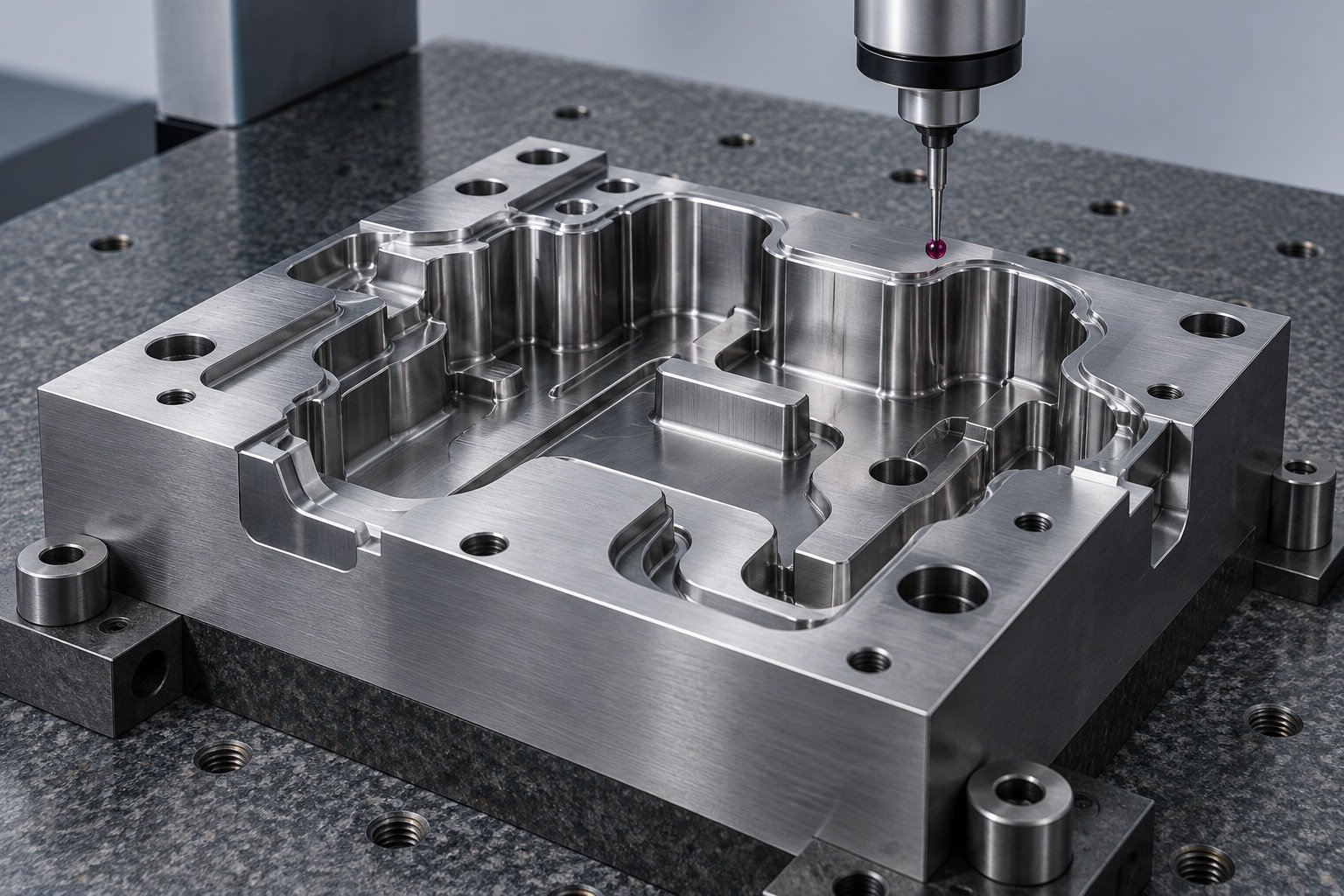A complex closed-profile die insert on a granite metrology fixture, unbranded optical inspection probe above profile edge, no screens or text. — illustrative component concept