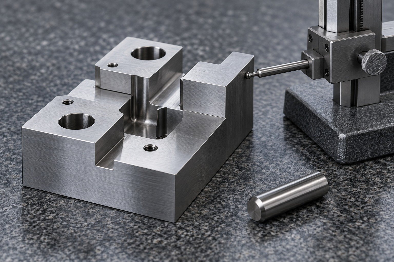 A small asymmetric die sample on granite, height gauge contacting a machined reference face, a separate finished dowel pin, precise realistic metrology. — illustrative component concept