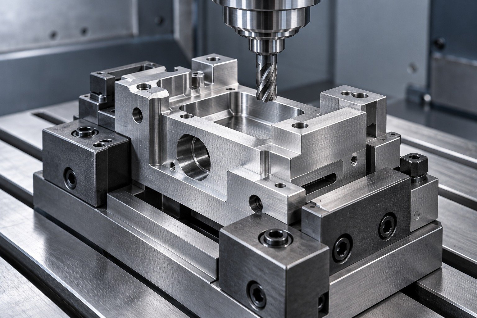 An intricate gauge fixture block secured in a compact milling fixture, end mill above an open relief pocket, clear datums and feasible cutter access. — illustrative component concept