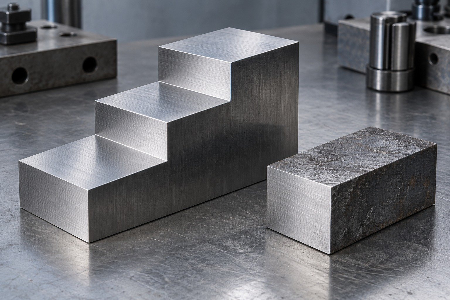 One large stepped gauge block beside a smaller unfinished blank, contrasting rough and ground faces, realistic cold-work tooling on a matte table. — illustrative component concept