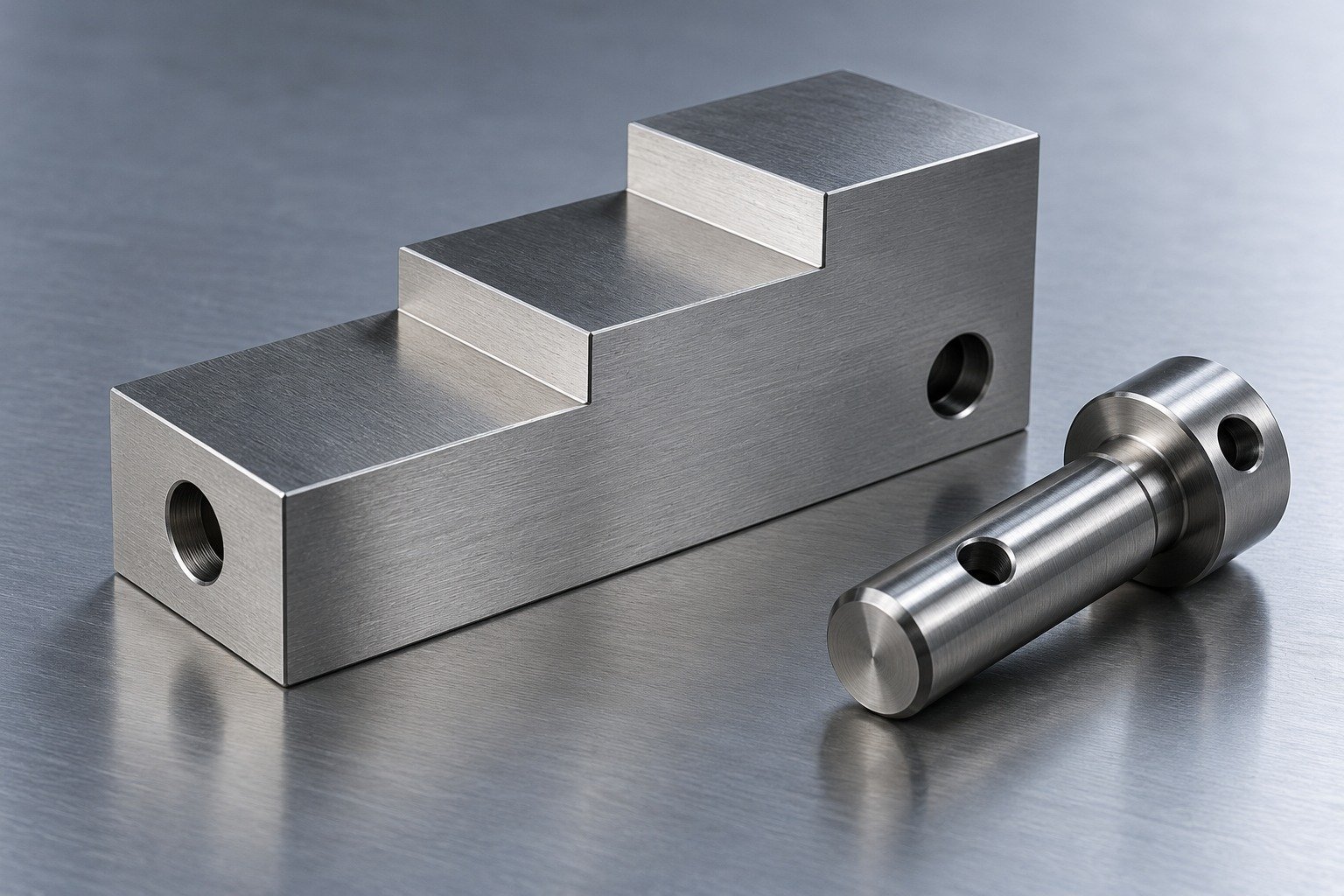 A precision stepped gauge block and a small cylindrical locating arbor with blunt end, dowel bores and carefully ground reference faces. No printed measurement markings. — illustrative component concept