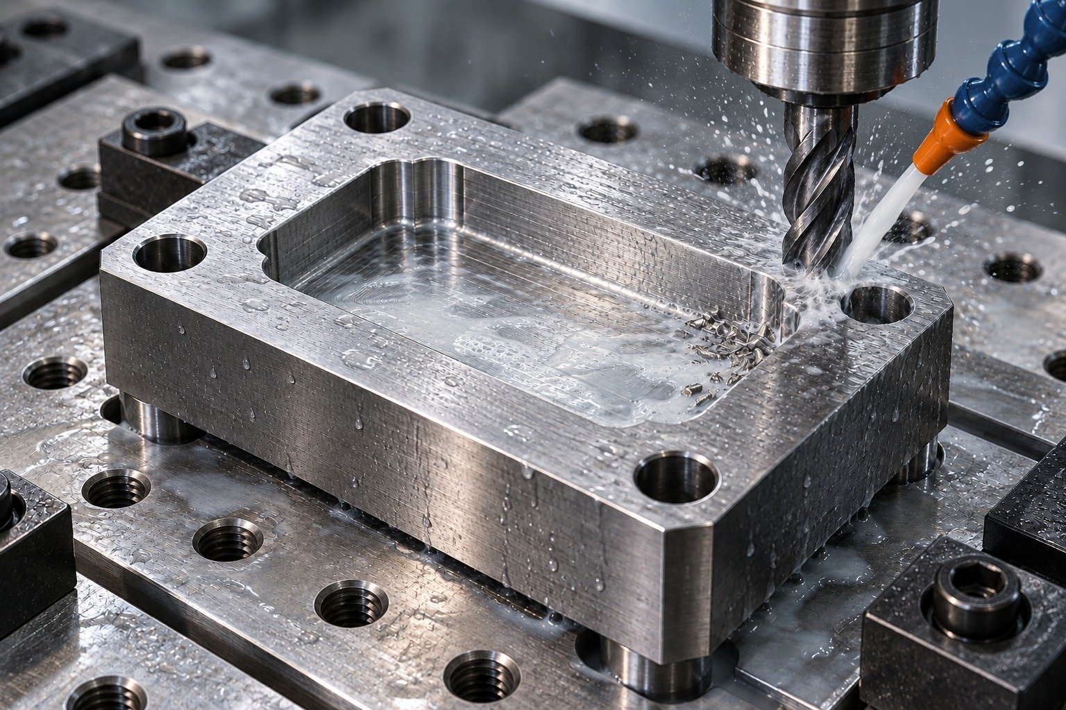 One distinct rectangular A2 die insert with relieved corners and dowel bores on CNC fixture plate, end mill beside a shallow open pocket. — illustrative component concept