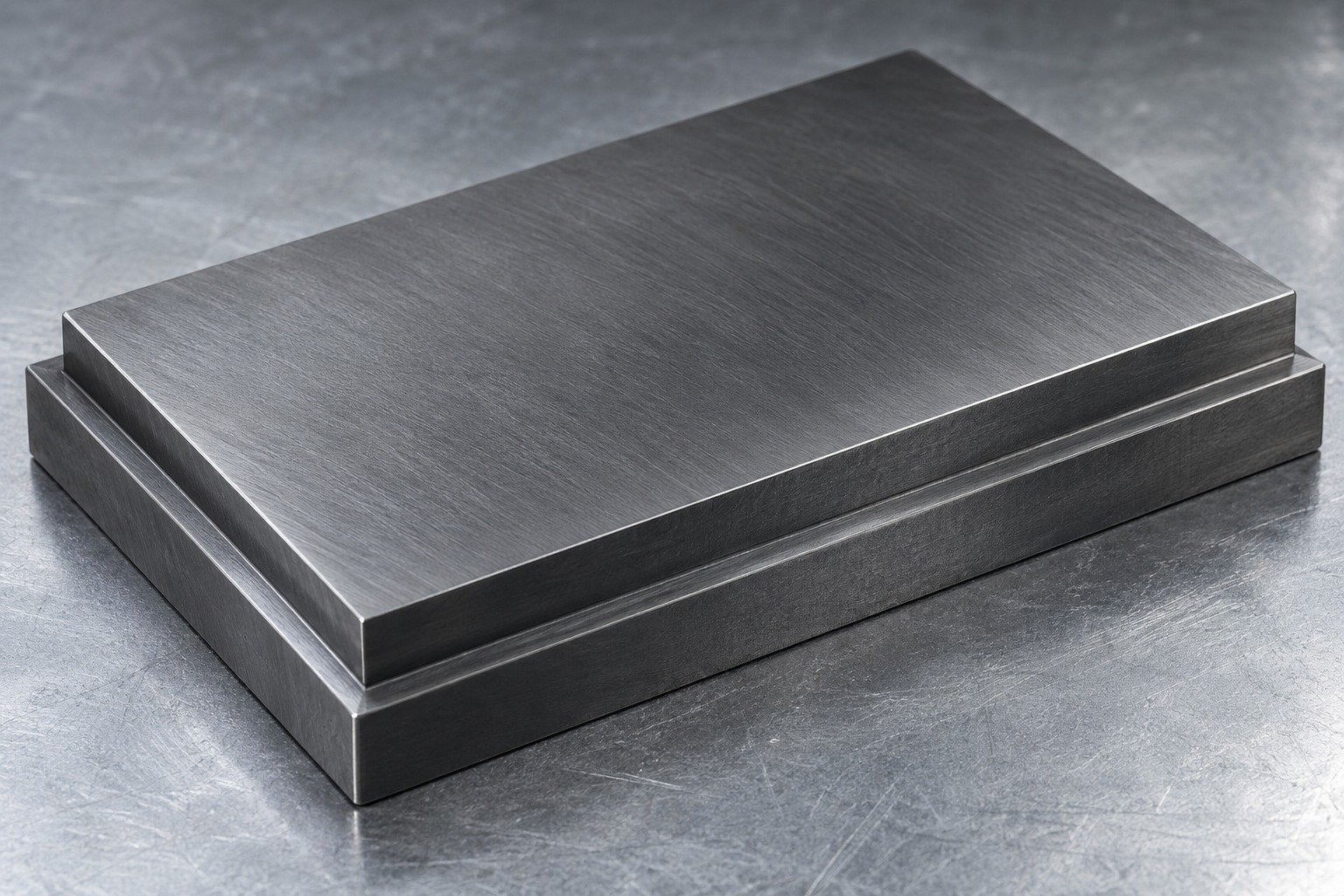 Macro view of one dark silver grey nitrided tooling coupon with faint ground texture and shallow stepped perimeter, realistic understated finish. — illustrative component concept