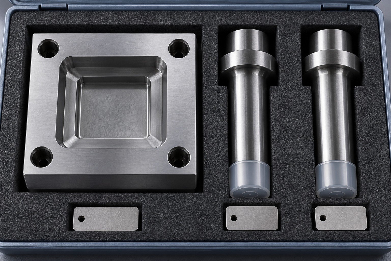 A2 die insert and two blunt shoulder punches in separate closed-cell foam pockets, protective caps over working faces, small plain tags, no labels or logos. — illustrative component concept