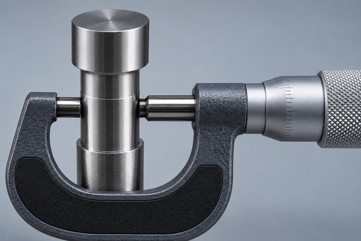 Micrometer contacting the middle ground locating diameter of one short blunt shoulder punch, correct measurement alignment, plain background and no readable digits. — illustrative component concept