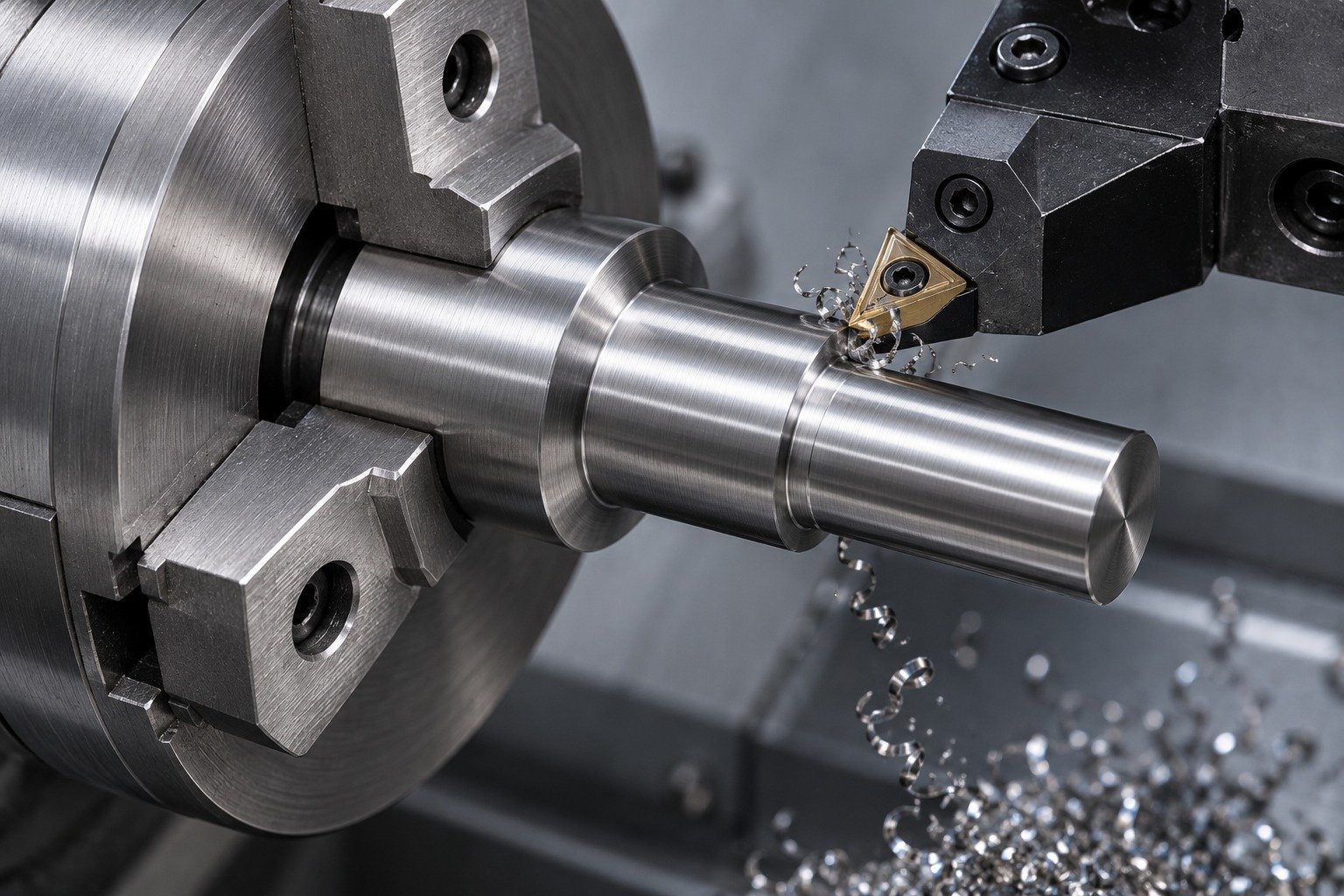One short stout shoulder punch being turned in a three jaw lathe chuck, credible cutting insert at the shoulder, fine chips, no sparks or people. — illustrative component concept