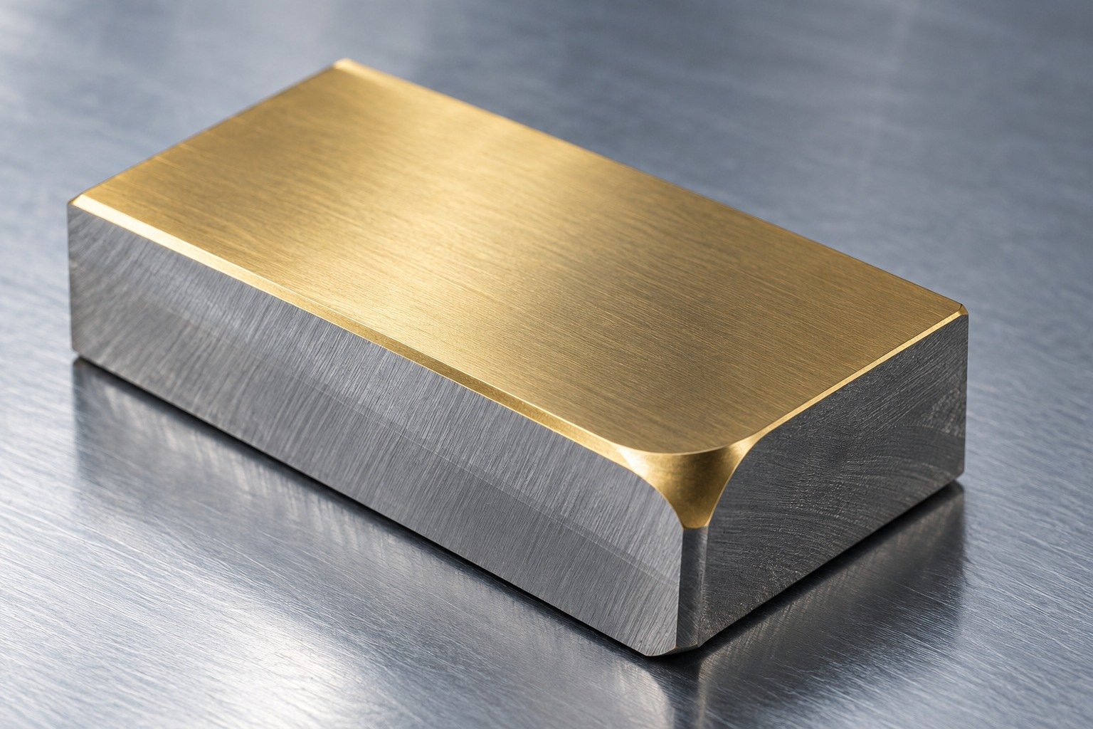 Macro view of one small rectangular industrial tooling coupon with subdued gold-toned PVD surface on steel and a curved relieved corner. No rainbow. — illustrative component concept