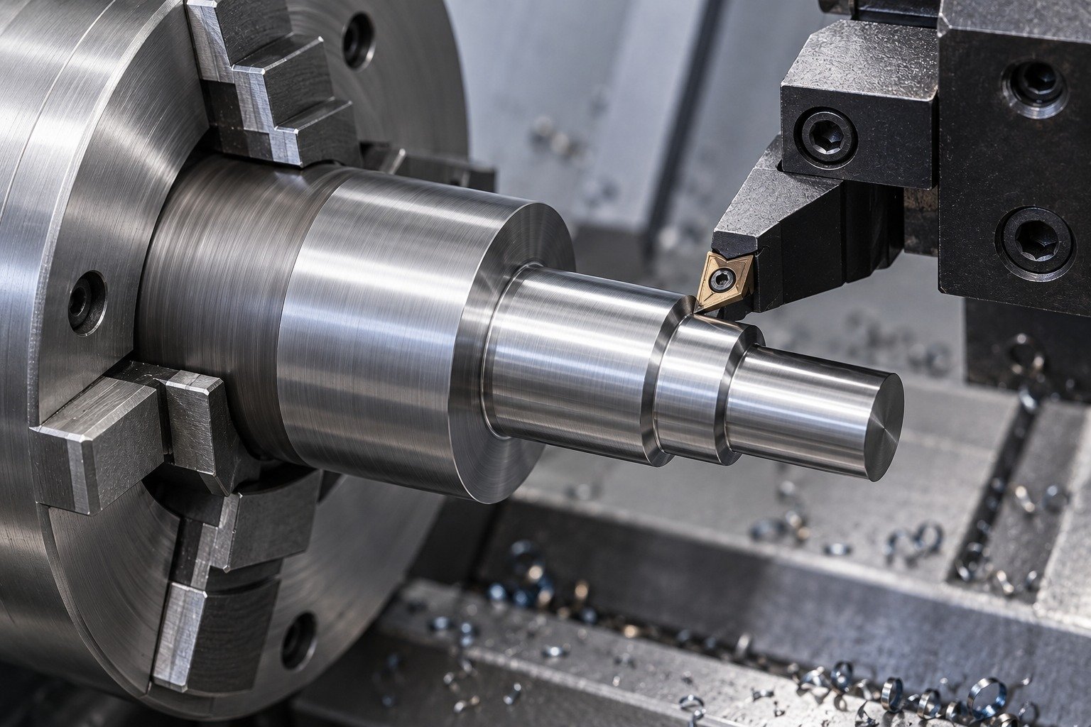 An unbranded lathe turning a compact A2 steel stepped industrial punch from round stock, tool insert contacting outer diameter, secure chuck, no sparks. — illustrative component concept