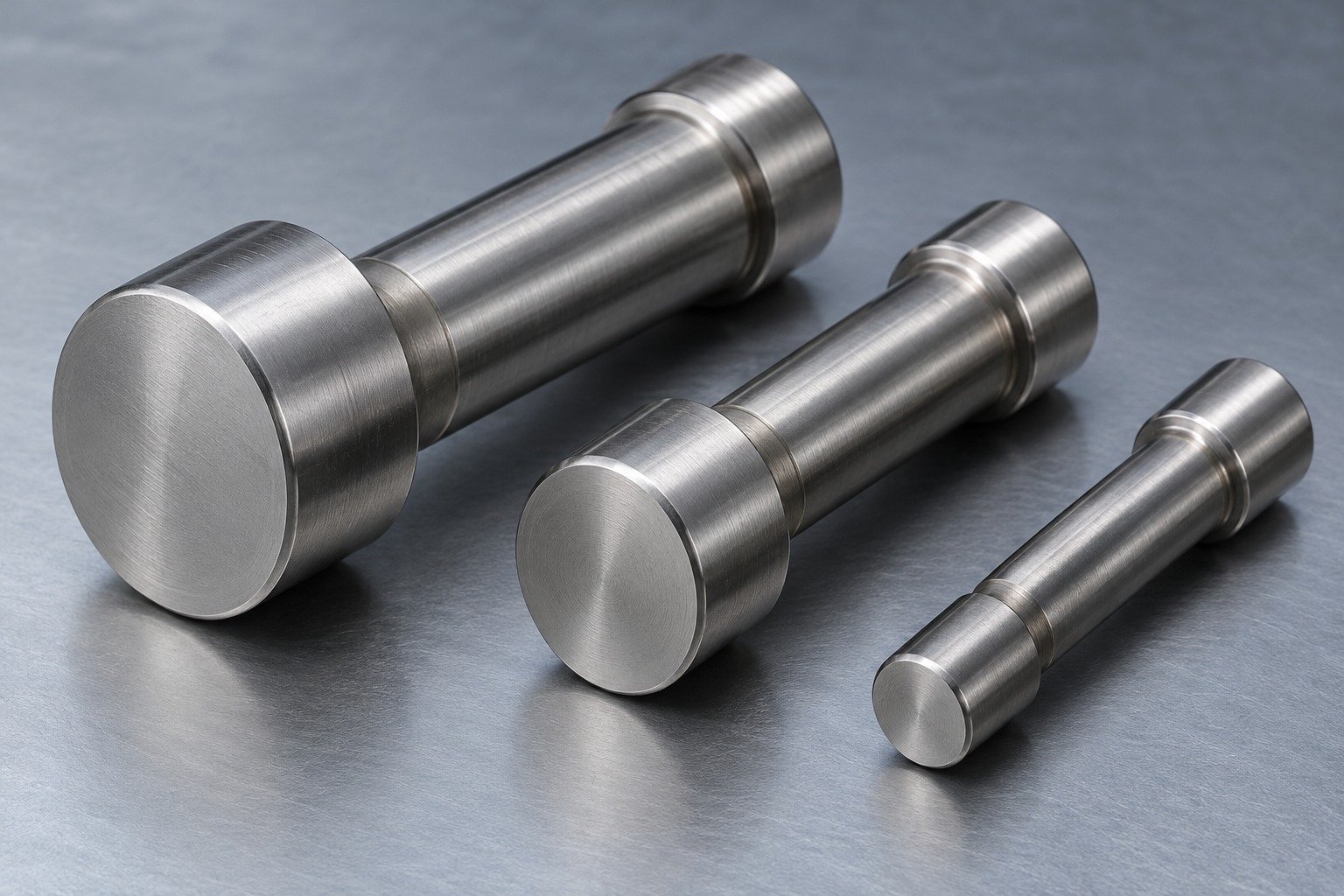 Three industrial blunt shoulder punches with different diameters, relieved shanks, small corner radii and ground working faces. No sharp weapon-like points, no threads. — illustrative component concept