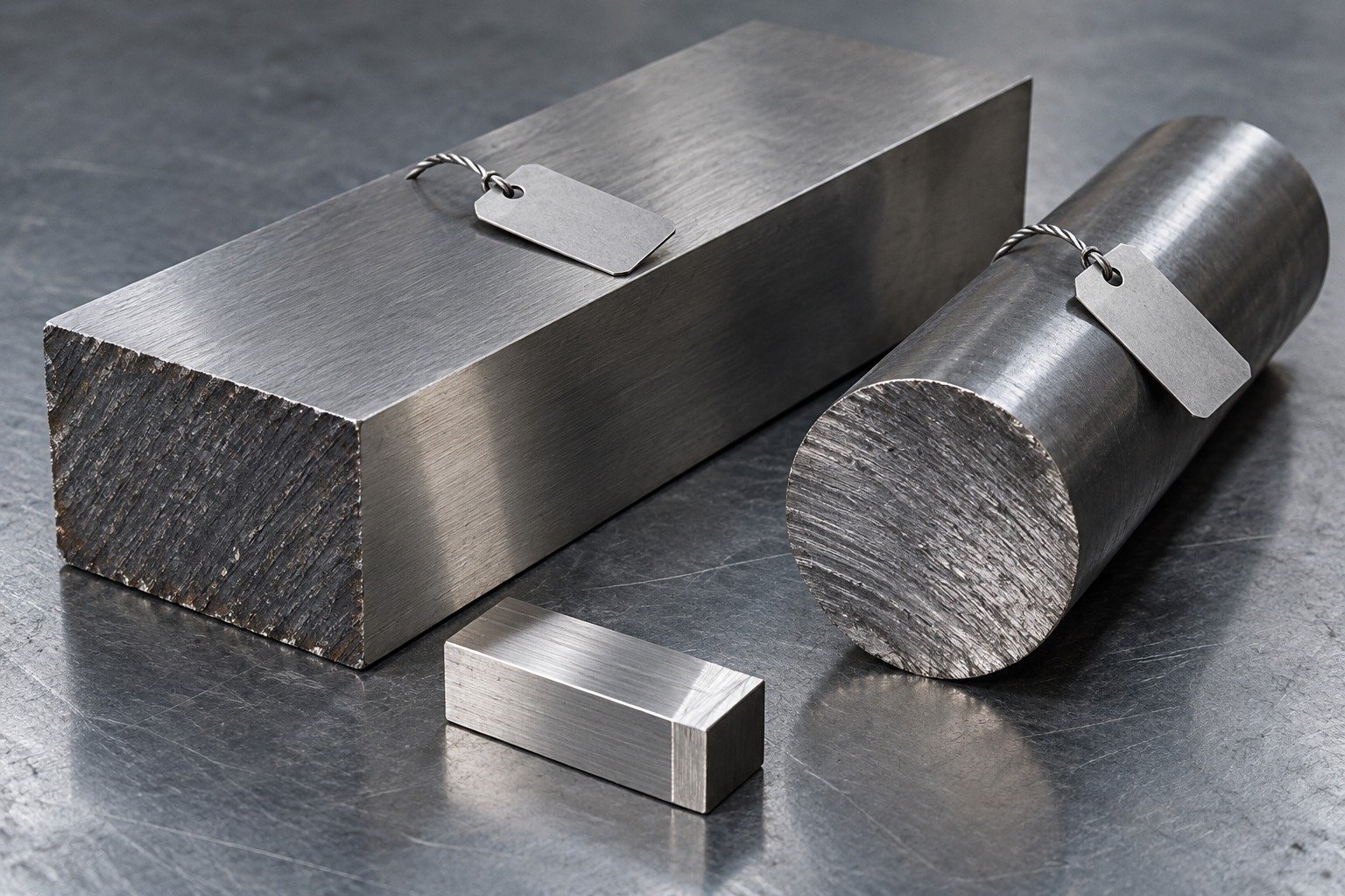 A short rectangular tool steel blank and a round bar stub with plain traceability tags, different sawed ends, one small machined verification coupon, no document text. — illustrative component concept