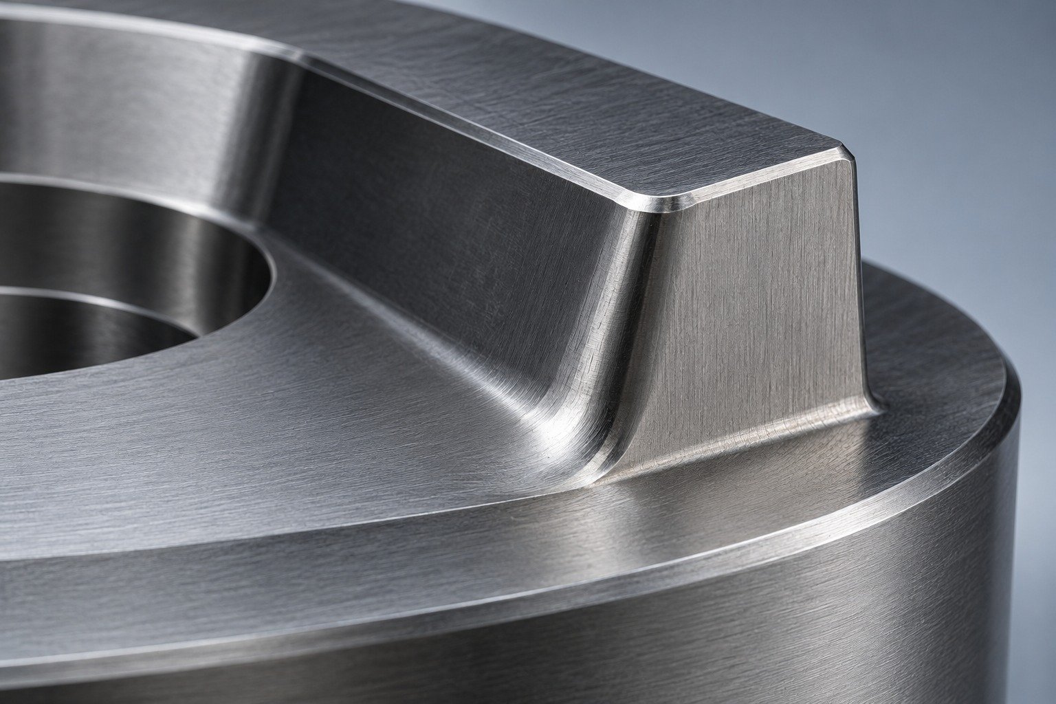 Macro view of a cold forming insert with a robust backed working edge, small controlled edge radius and smooth generous root fillet, no blade or sharp point. — illustrative component concept